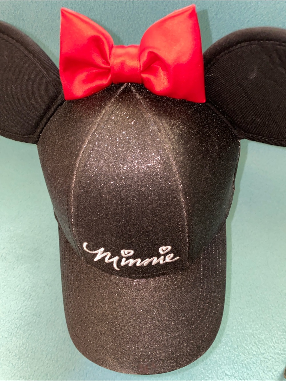 DISNEY Minnie Mouse 3D ball cap red bow ears embroidered glitter black size OSFA - Picture 7 of 12